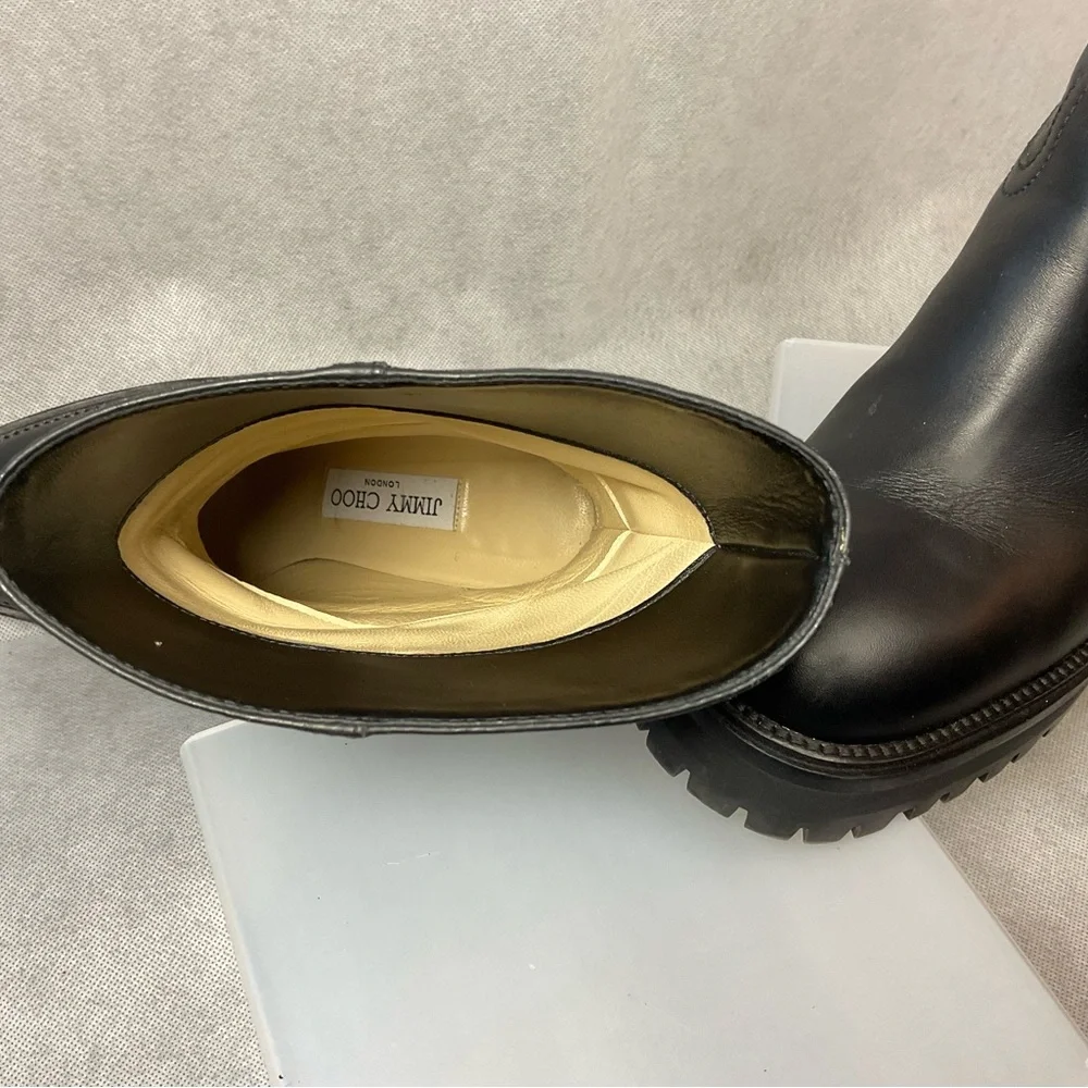 Jimmy Choo Monogram Embossed Leather Wedge Boots- Black- Barely Worn- Size 37.5 - Picture 13 of 14
